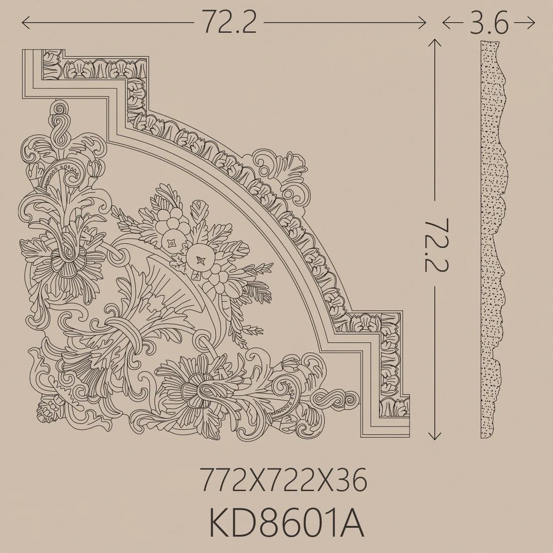 Poliüretan Çıta Köşe PU-8601A teknik çizim